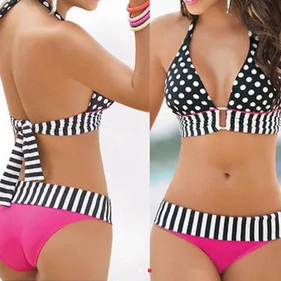 Fushia Pink, Black and White Stripe & Polka Dot Bikini - Picture 2 of 7